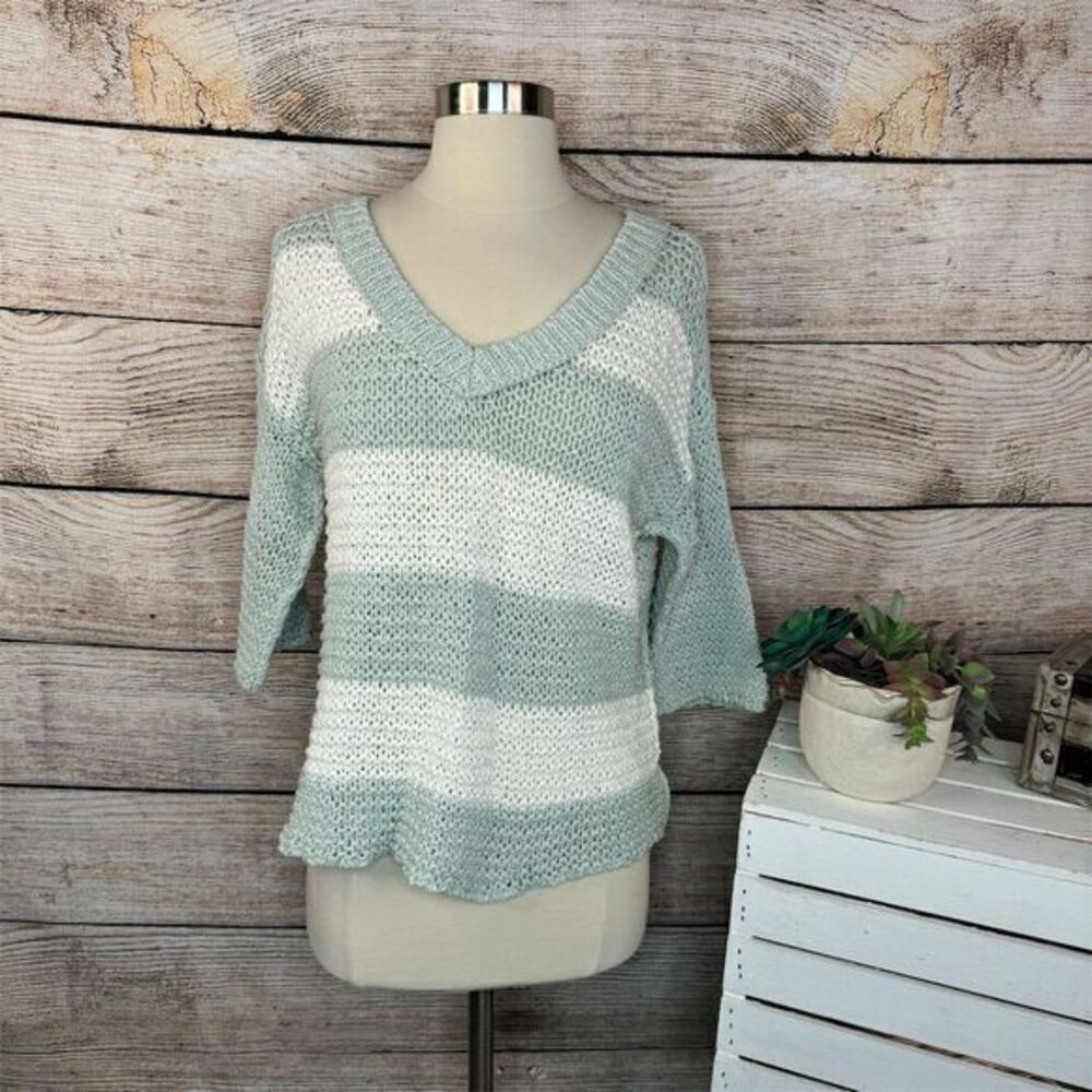 Free People Women's XS Green/White Striped Open Knit Pullover Sweater